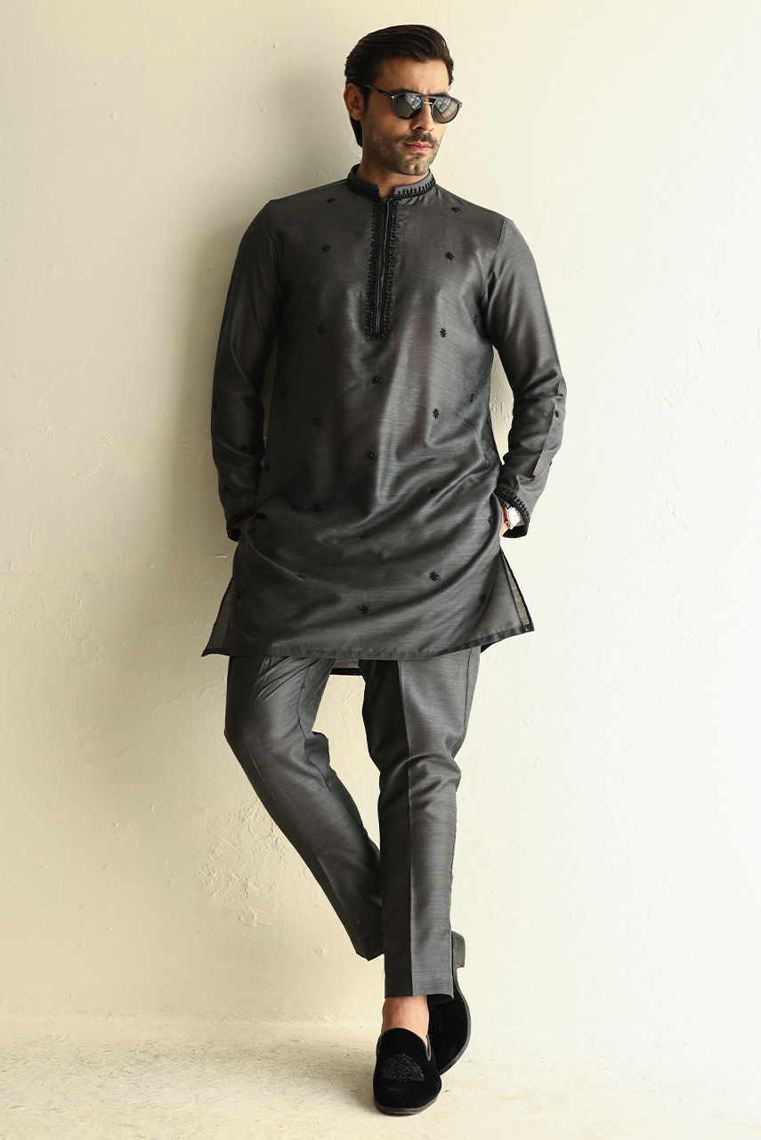 Charcoal Hand Embroidered Khaddi Silk Kurta (2-Piece) - Image 3