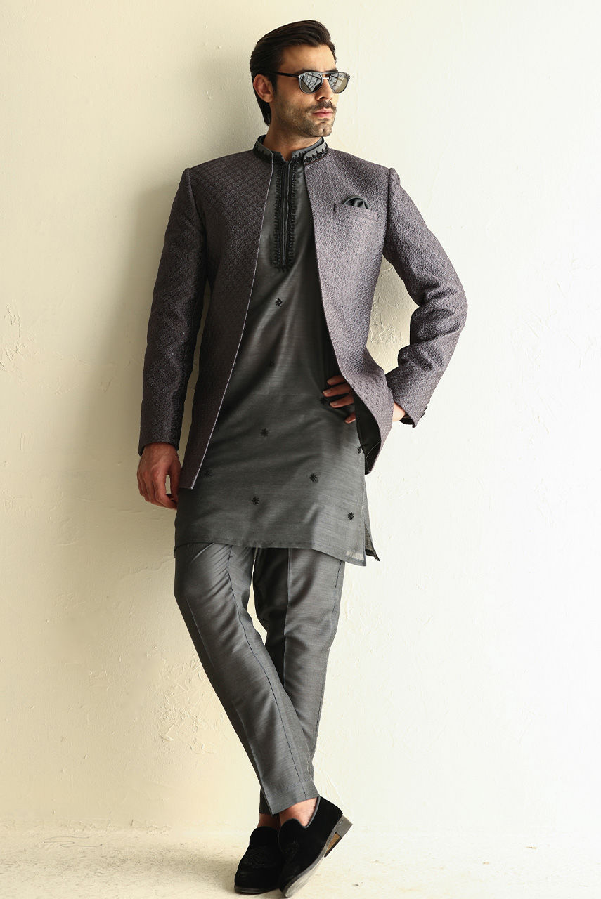 Charcoal Hand Embroidered Khaddi Silk Kurta (2-Piece) - Image 4