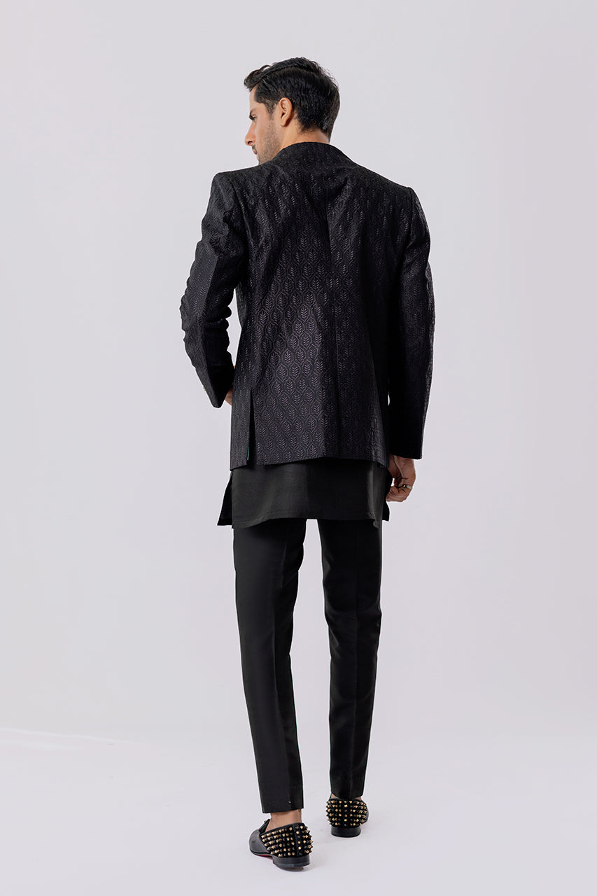 Charcoal Embroidered Raw Silk Prince Coat (3-Piece) - Image 2