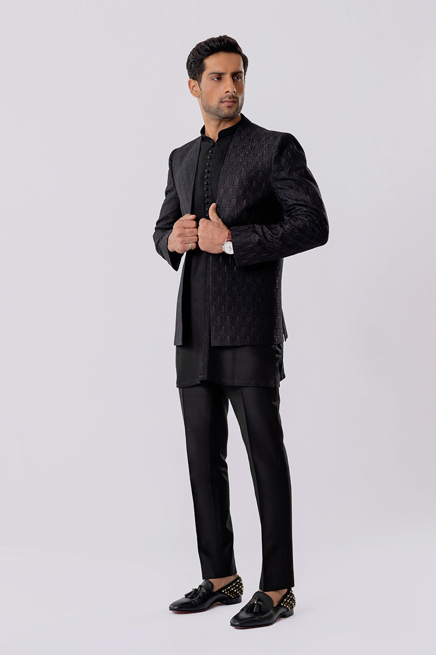 Charcoal Embroidered Raw Silk Prince Coat (3-Piece) - Image 4