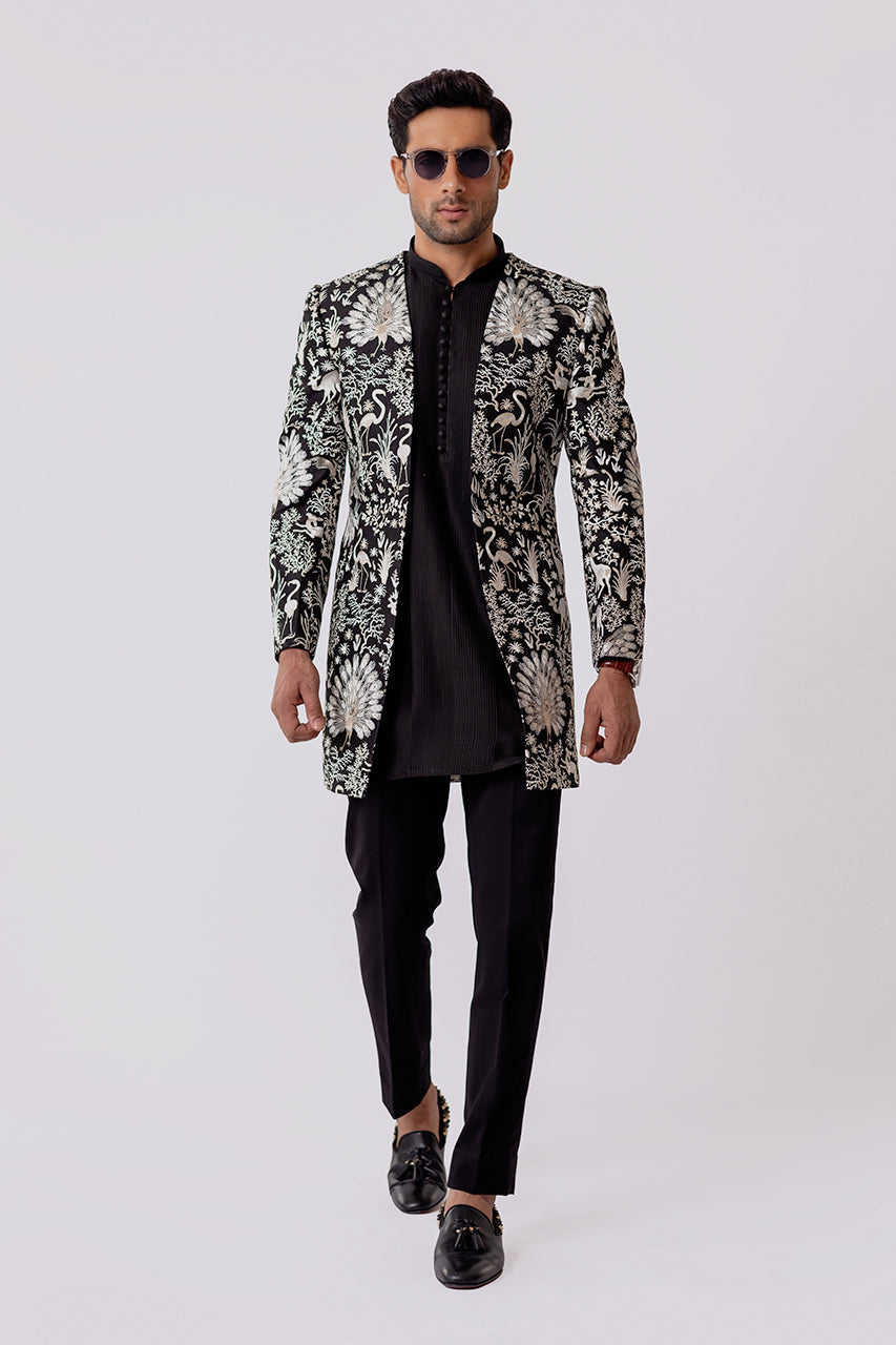 Charcoal Self-Embroidered Raw Silk Prince Coat (3-Piece) - Image 2