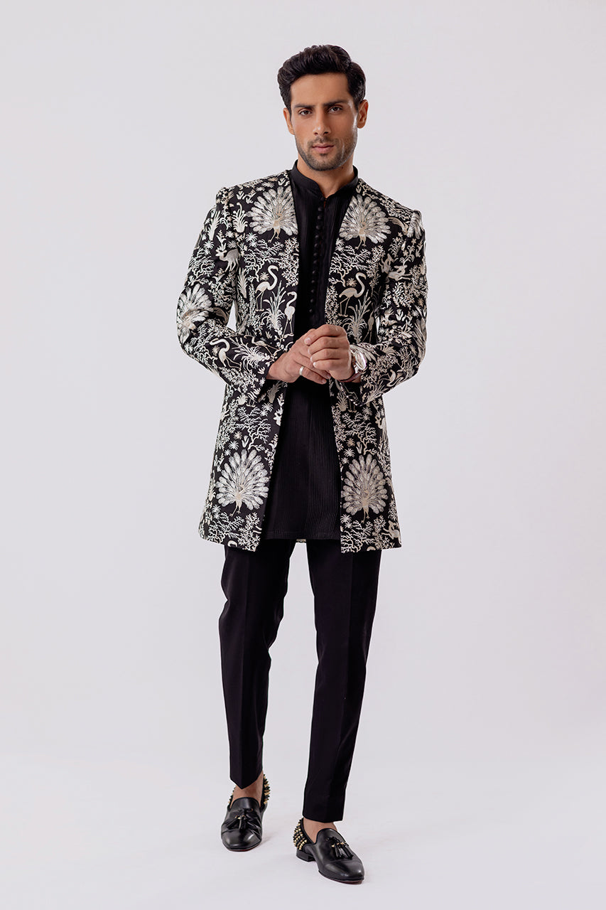 Charcoal Self-Embroidered Raw Silk Prince Coat (3-Piece) - Image 5
