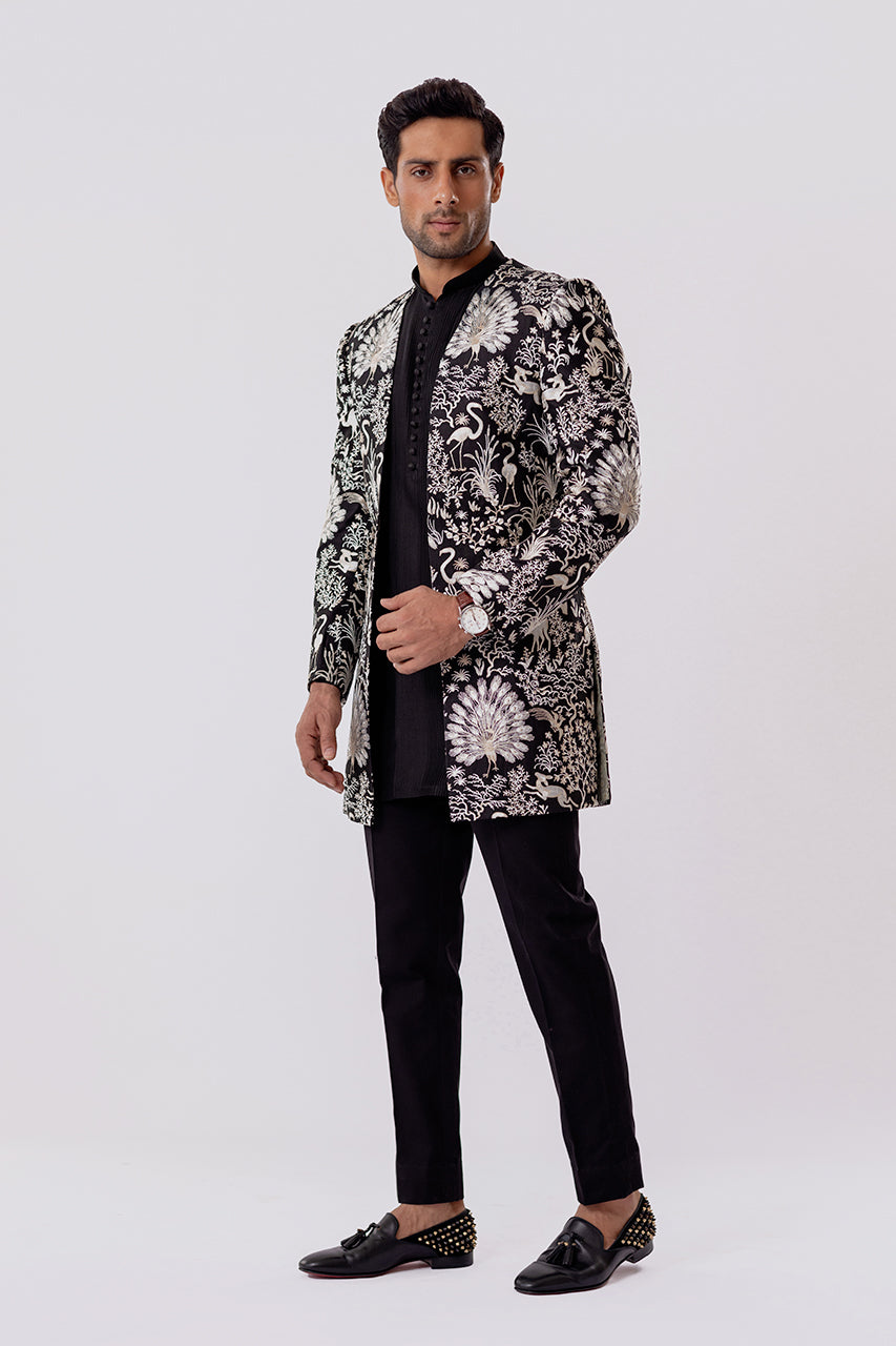 Charcoal Self-Embroidered Raw Silk Prince Coat (3-Piece) - Image 6