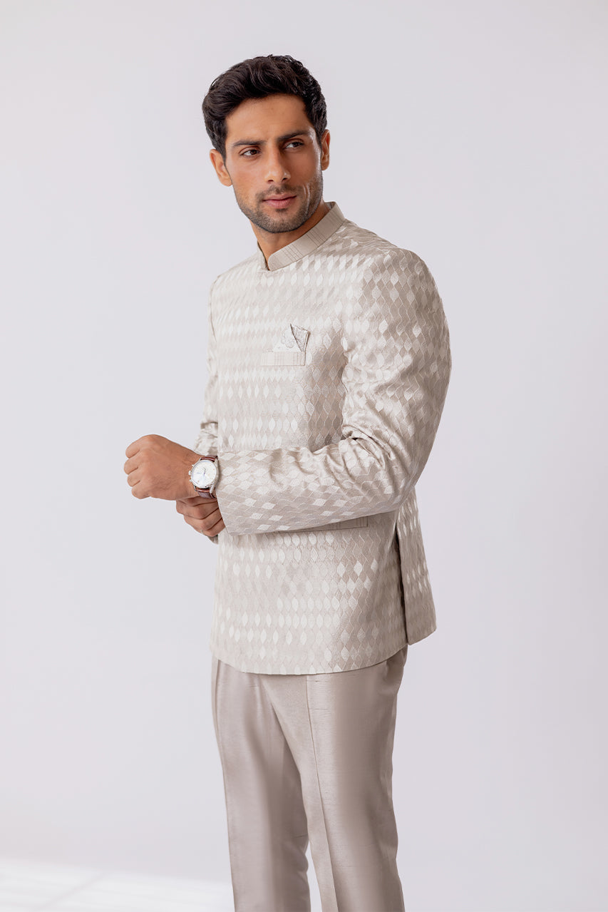 Slate Embroidered Raw Silk Prince Coat (2-Piece) - Image 3