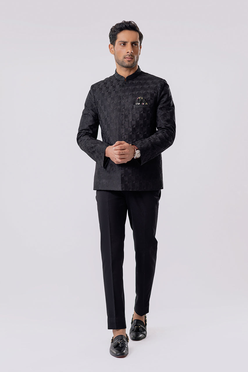 Charcoal Embroidered Raw Silk Prince Coat (2-Piece) - Image 1