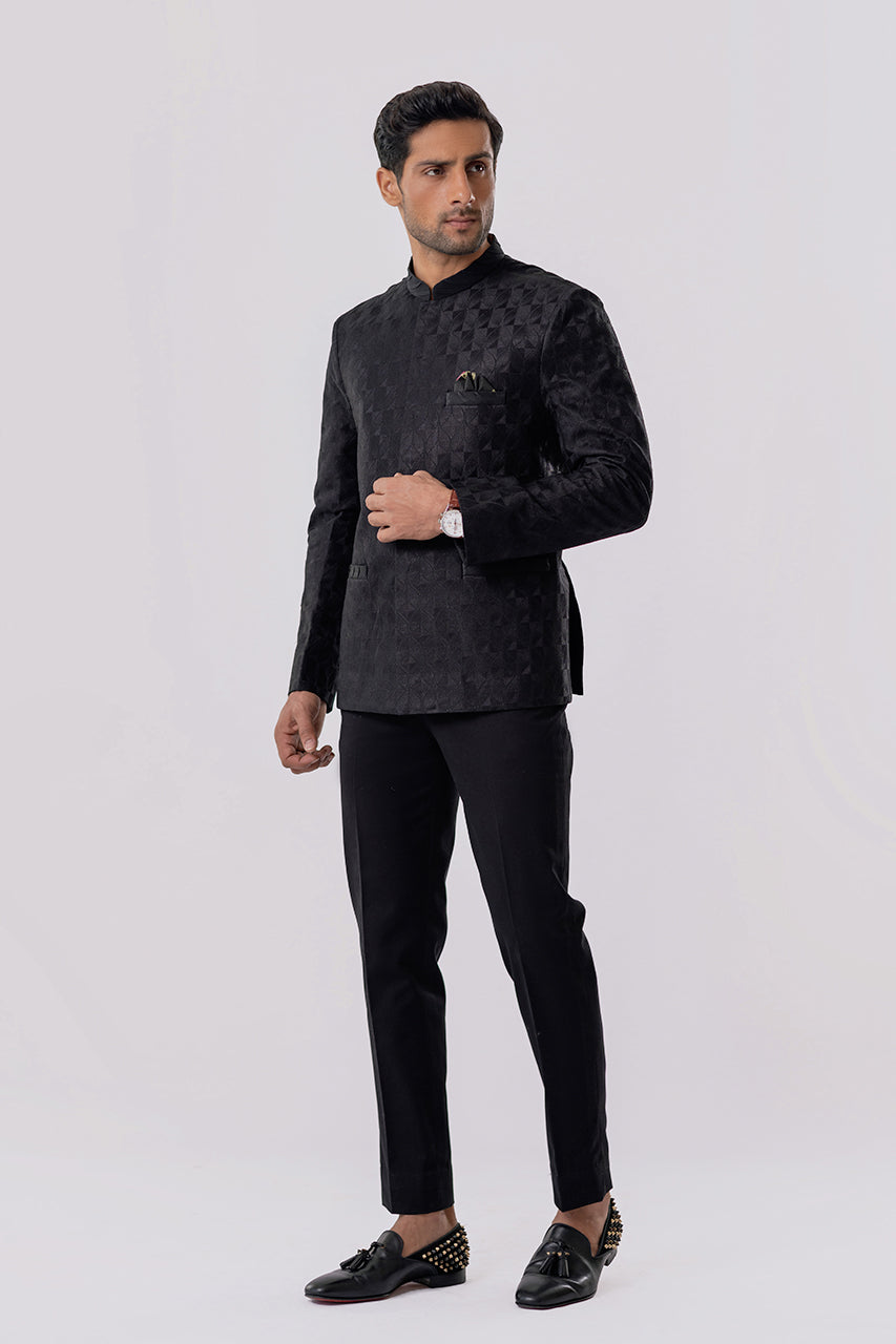 Charcoal Embroidered Raw Silk Prince Coat (2-Piece) - Image 3