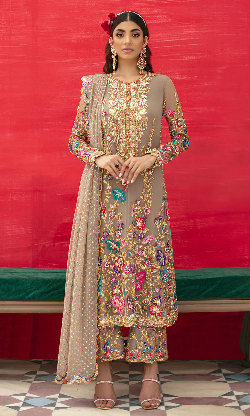 Pakistani Ash Zardozi Embroidered Net Salwar Kameez (3-Piece) - Image 1
