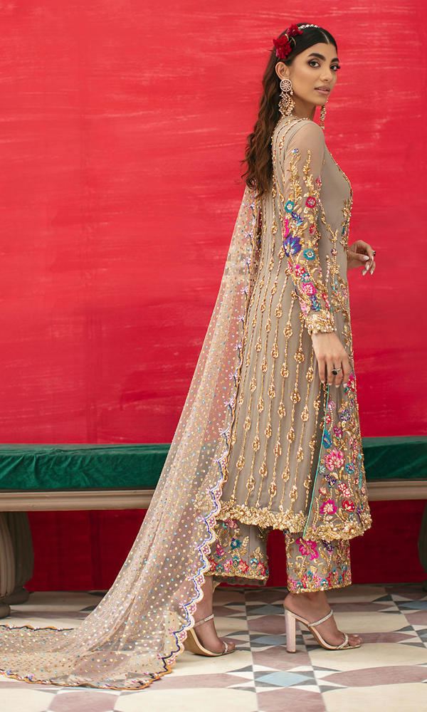 Pakistani Ash Zardozi Embroidered Net Salwar Kameez (3-Piece) - Image 4