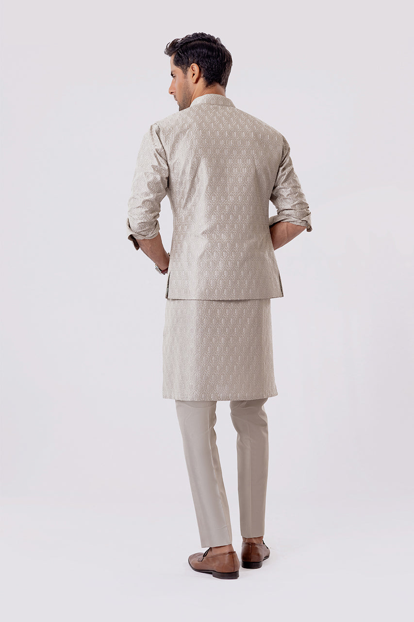 Slate Embroidered Raw Silk Waistcoat Kurta (3-Piece) - Image 2