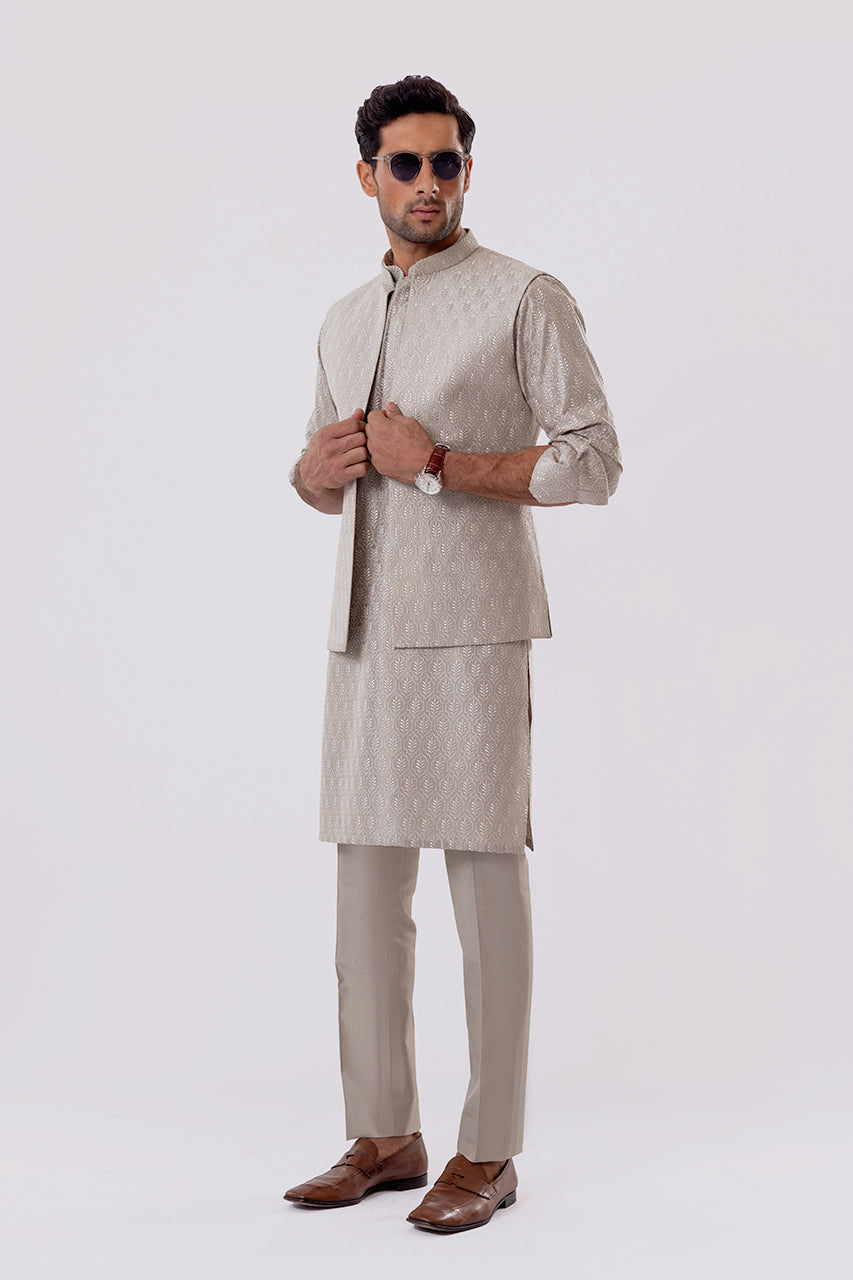 Slate Embroidered Raw Silk Waistcoat Kurta (3-Piece) - Image 1