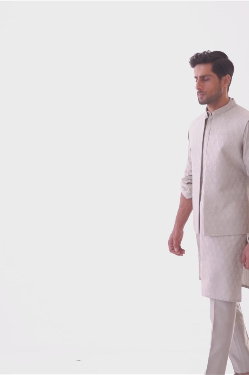 Slate Embroidered Raw Silk Waistcoat Kurta (3-Piece) - Image 3