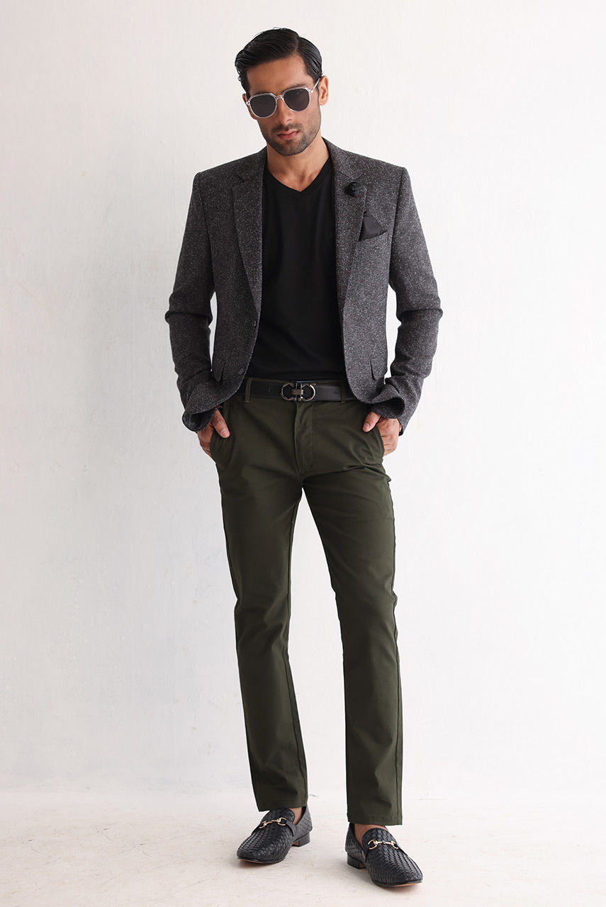 Charcoal Textured Jacket with Army Green Slim-Fit Chinos (2-Piece) - Image 1