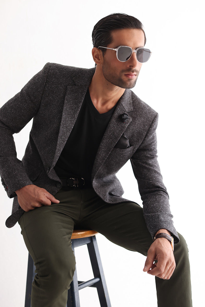 Charcoal Textured Jacket with Army Green Slim-Fit Chinos (2-Piece) - Image 2