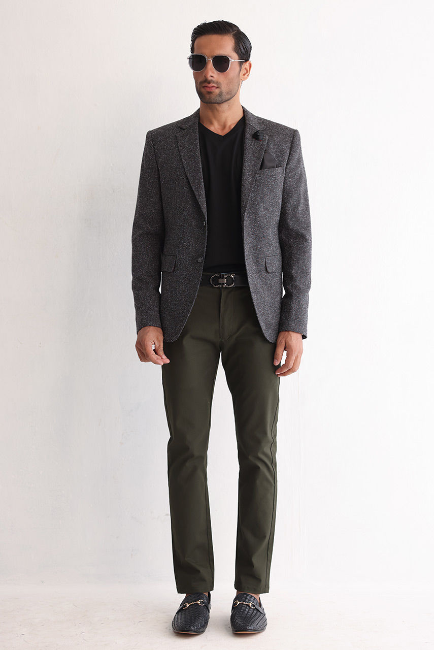 Charcoal Textured Jacket with Army Green Slim-Fit Chinos (2-Piece) - Image 3