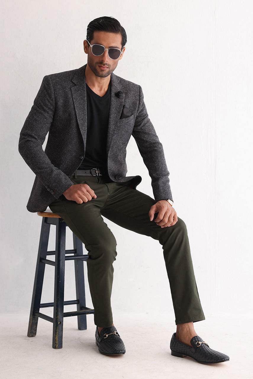 Charcoal Textured Jacket with Army Green Slim-Fit Chinos (2-Piece) - Image 4