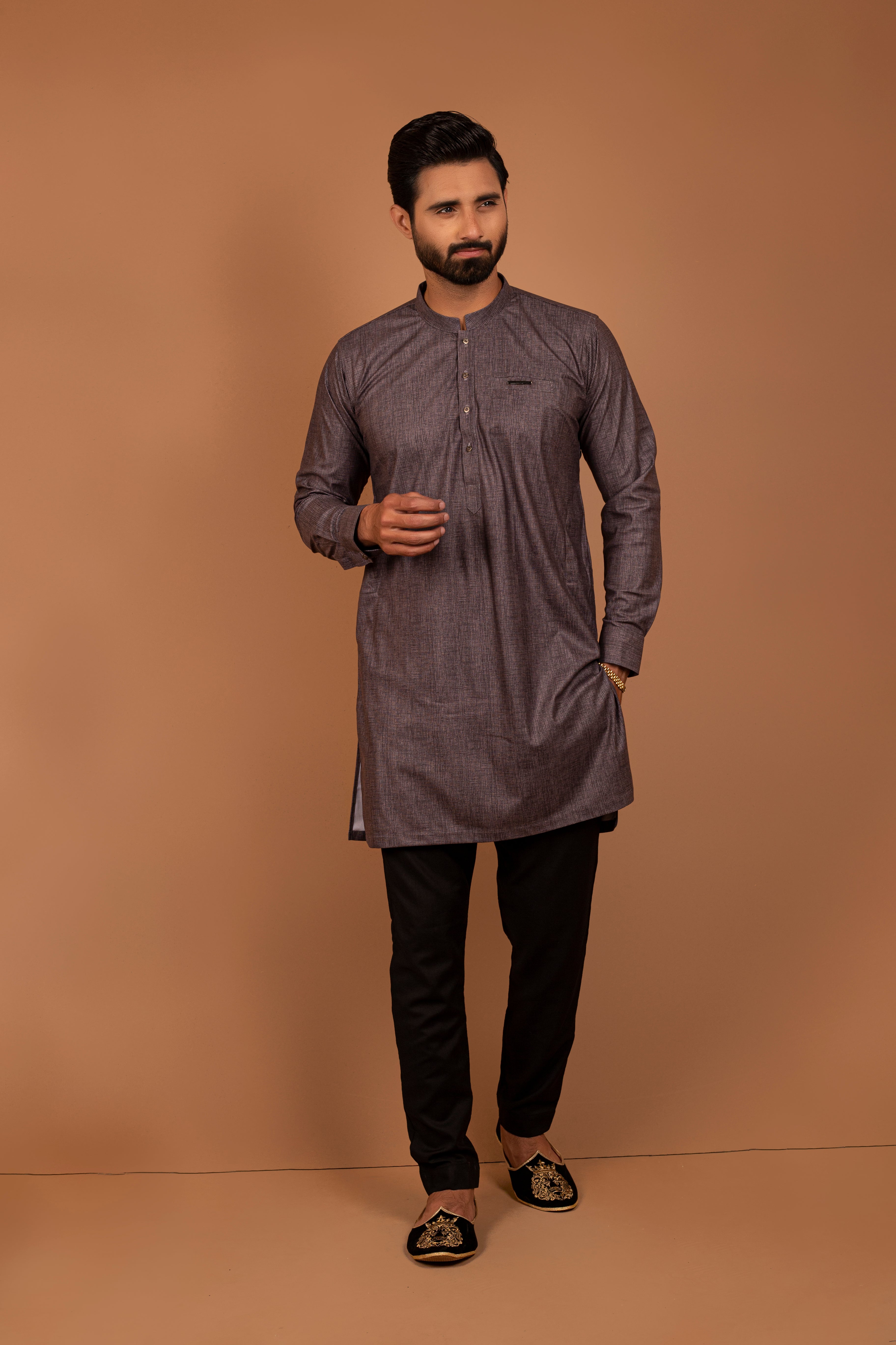 Charcoal Textured Cotton Blend Kurta Pajama (2-Piece) - Image 1