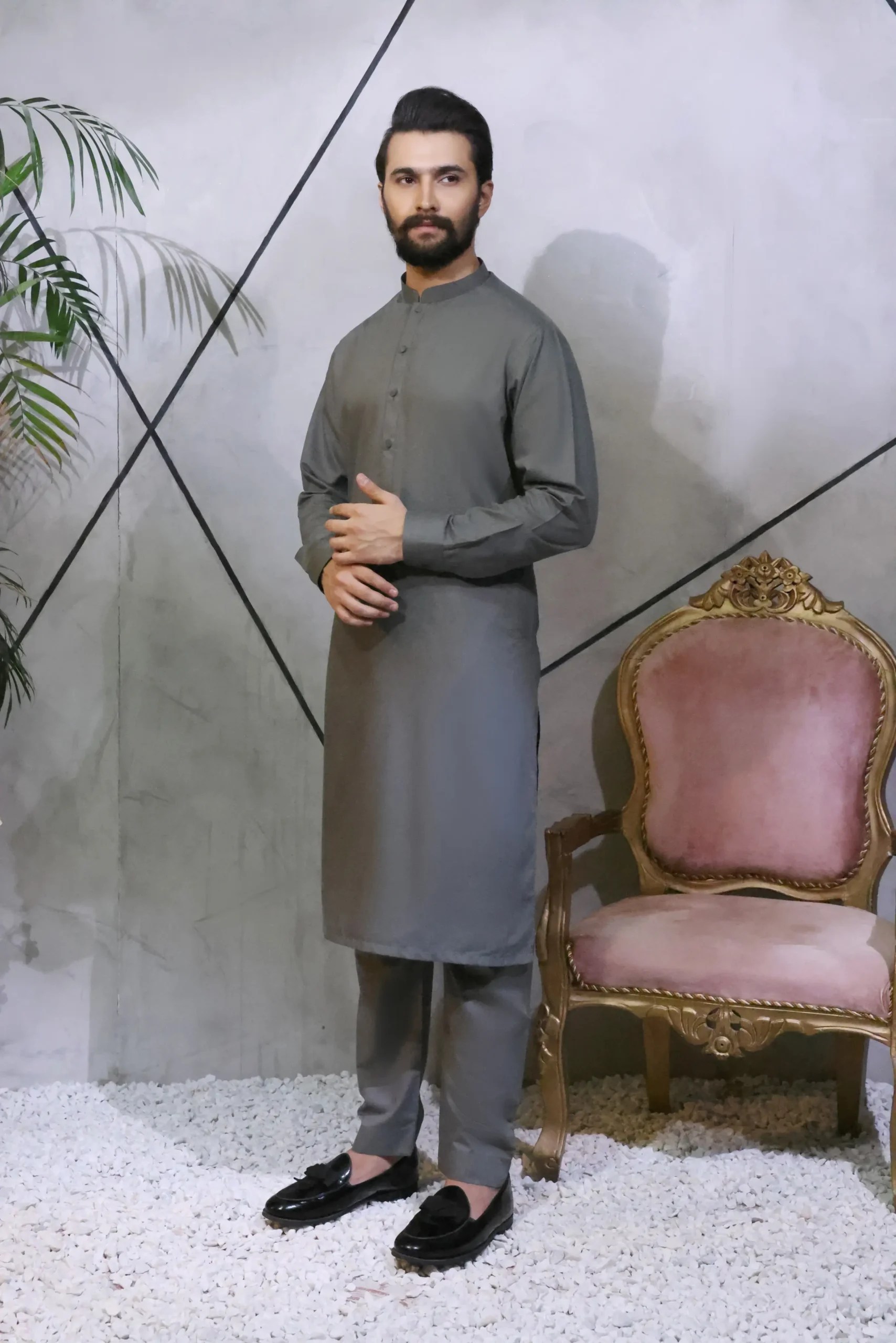 Steel Gray Plain Cotton-Polyester Kurta Pajama (2-Piece) - Image 1