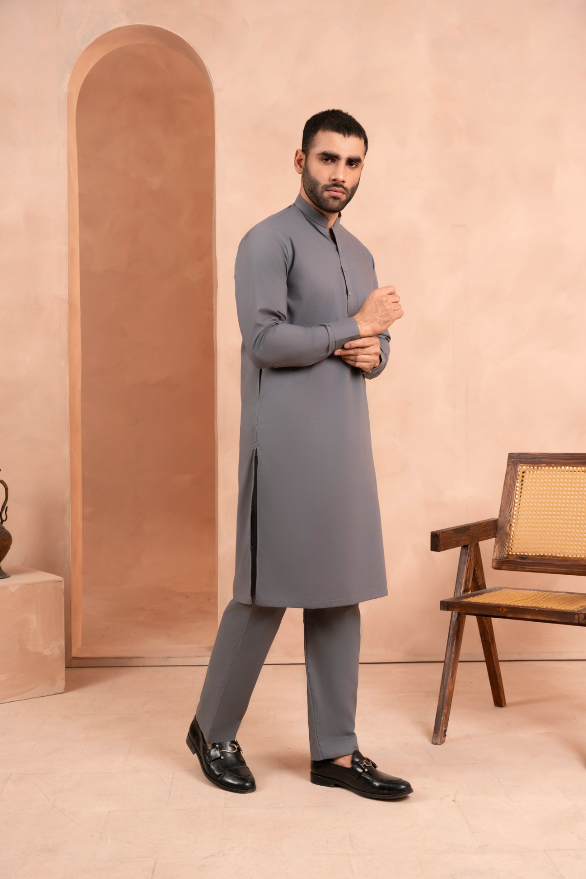 Dark Grey Wash & Wear Kurta Pajama (2-Piece) - Image 3
