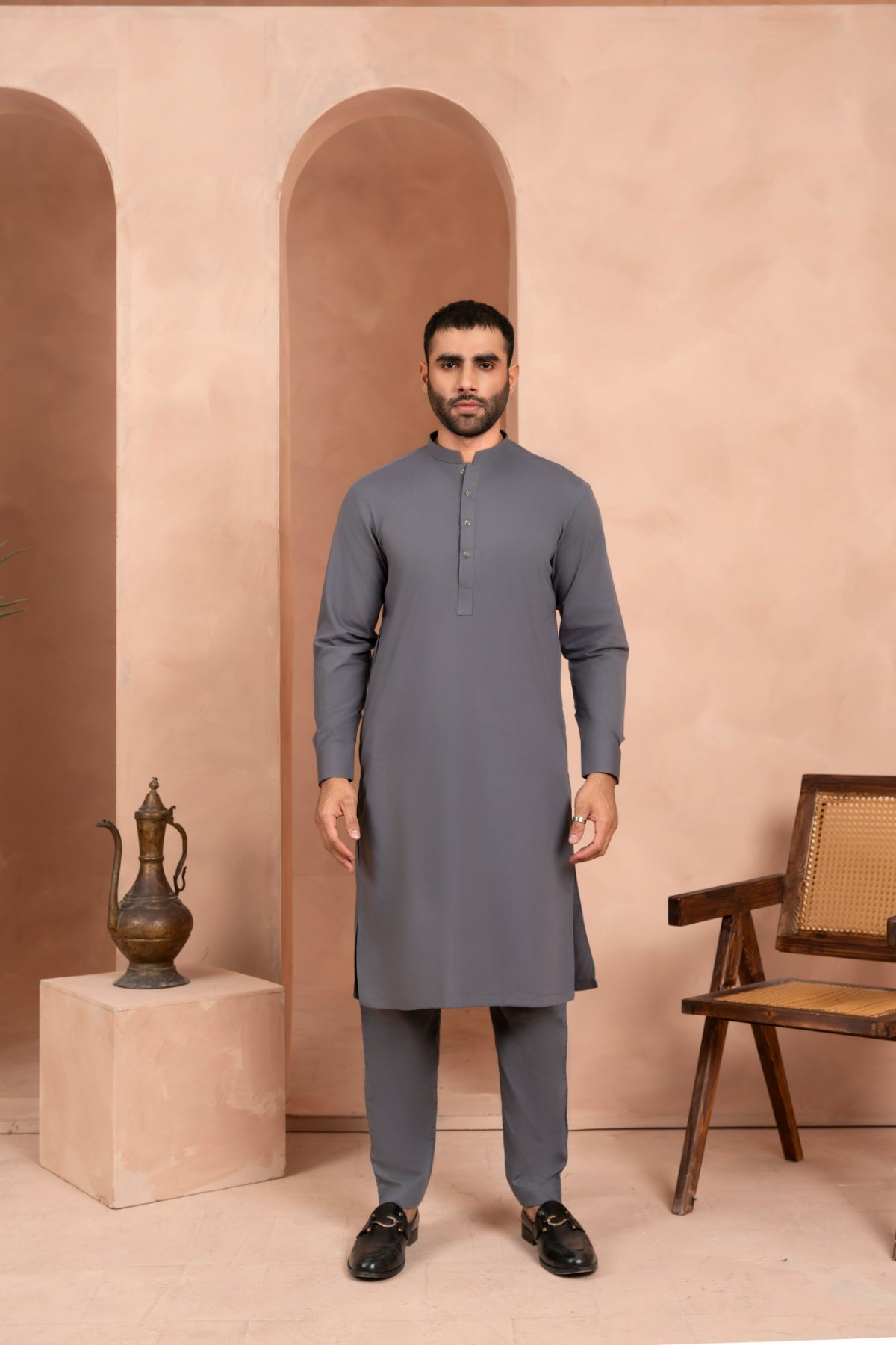 Dark Grey Wash & Wear Kurta Pajama (2-Piece) - Image 4