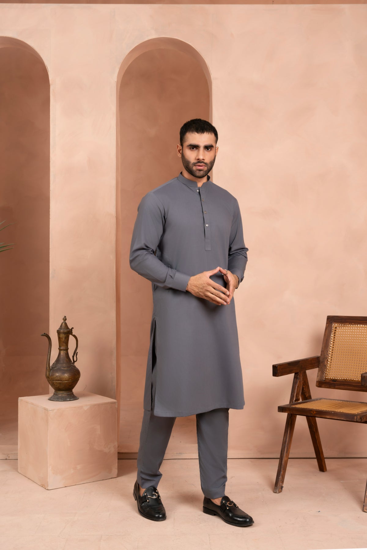 Dark Grey Wash & Wear Kurta Pajama (2-Piece) - Image 5