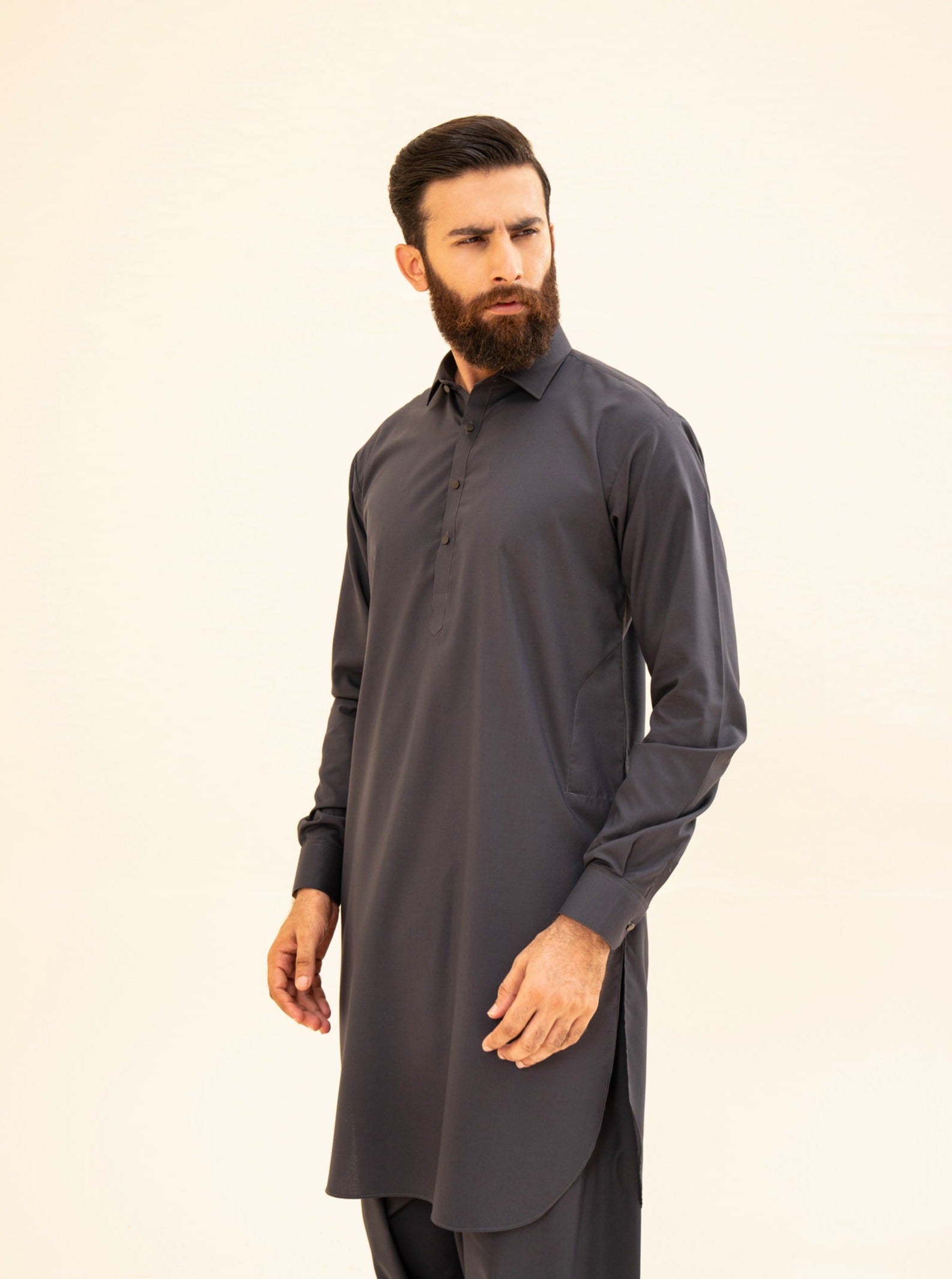 Charcoal Grey Blended French Collar Kameez Shalwar (2-Piece) - Image 1
