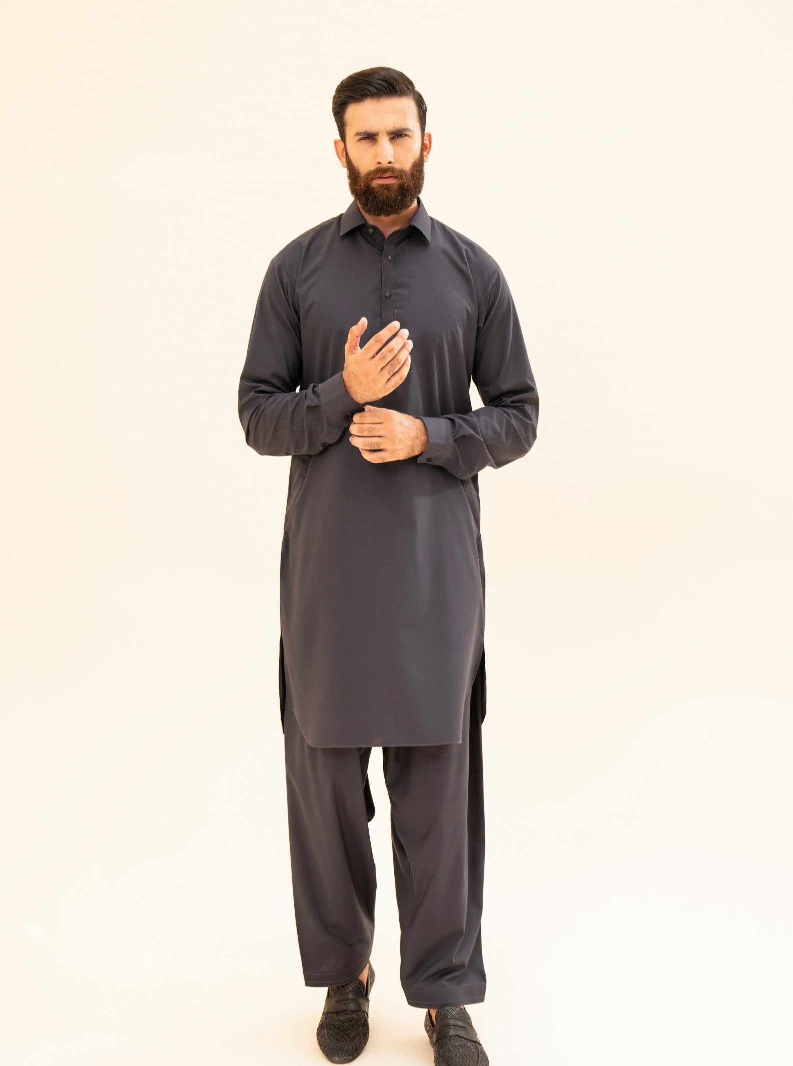 Charcoal Grey Blended French Collar Kameez Shalwar (2-Piece) - Image 2