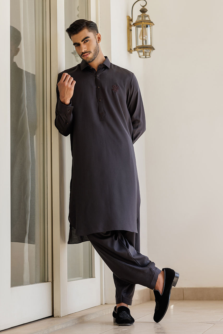 Charcoal Thread Embroidered Boski Linen Kurta Shalwar (2-Piece) - Image 1