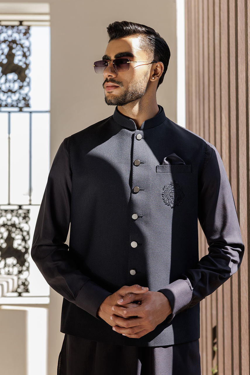 Charcoal Thread Embroidered Boski Linen Kurta Shalwar (2-Piece) - Image 2