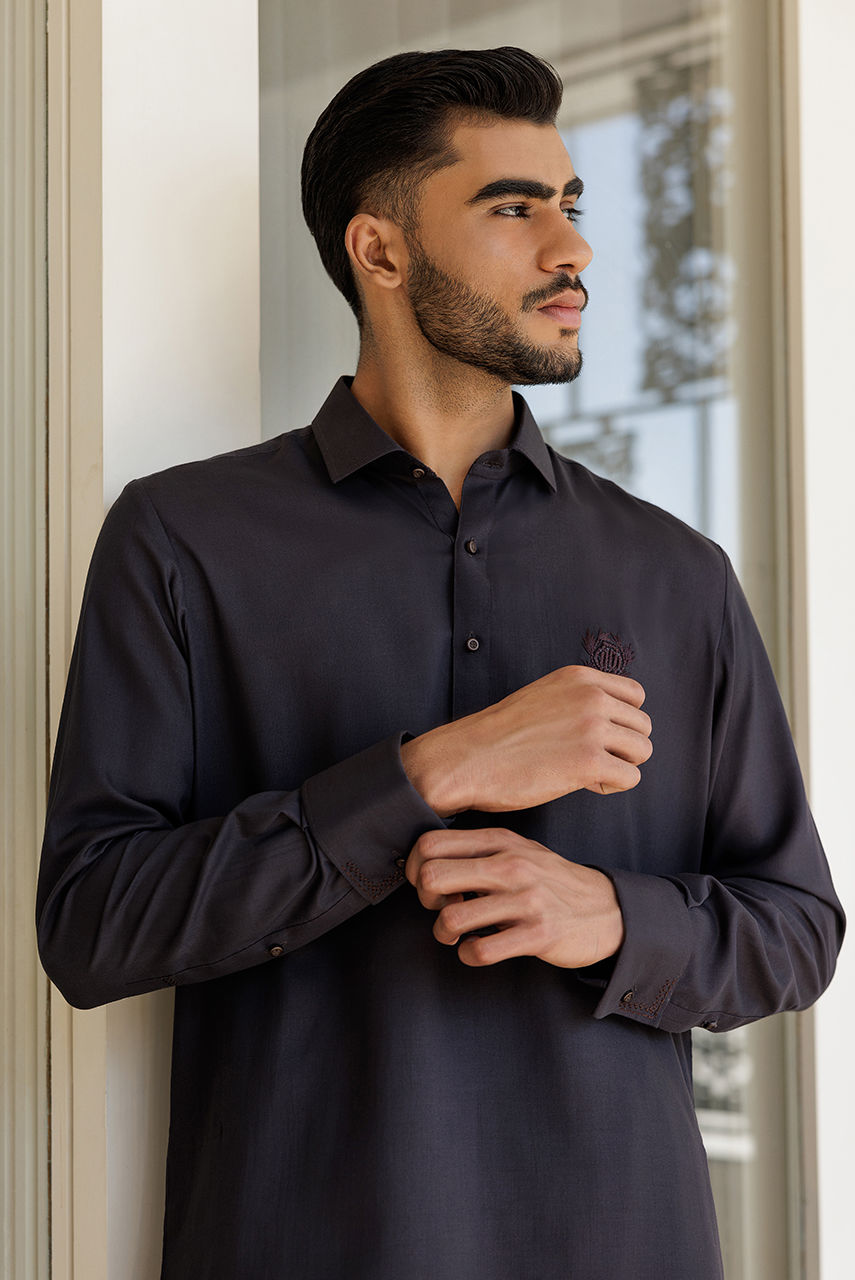 Charcoal Thread Embroidered Boski Linen Kurta Shalwar (2-Piece) - Image 5