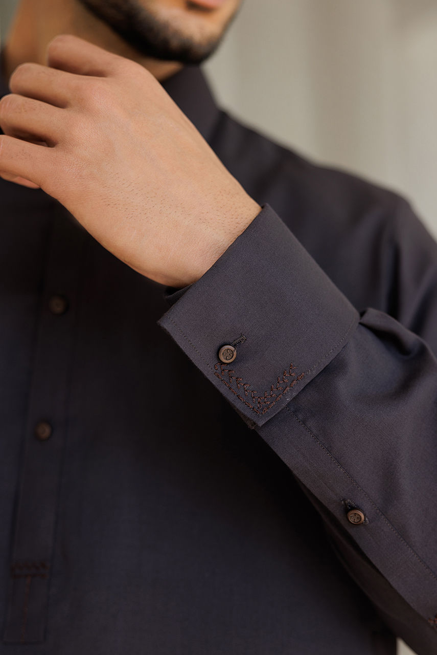 Charcoal Thread Embroidered Boski Linen Kurta Shalwar (2-Piece) - Image 6