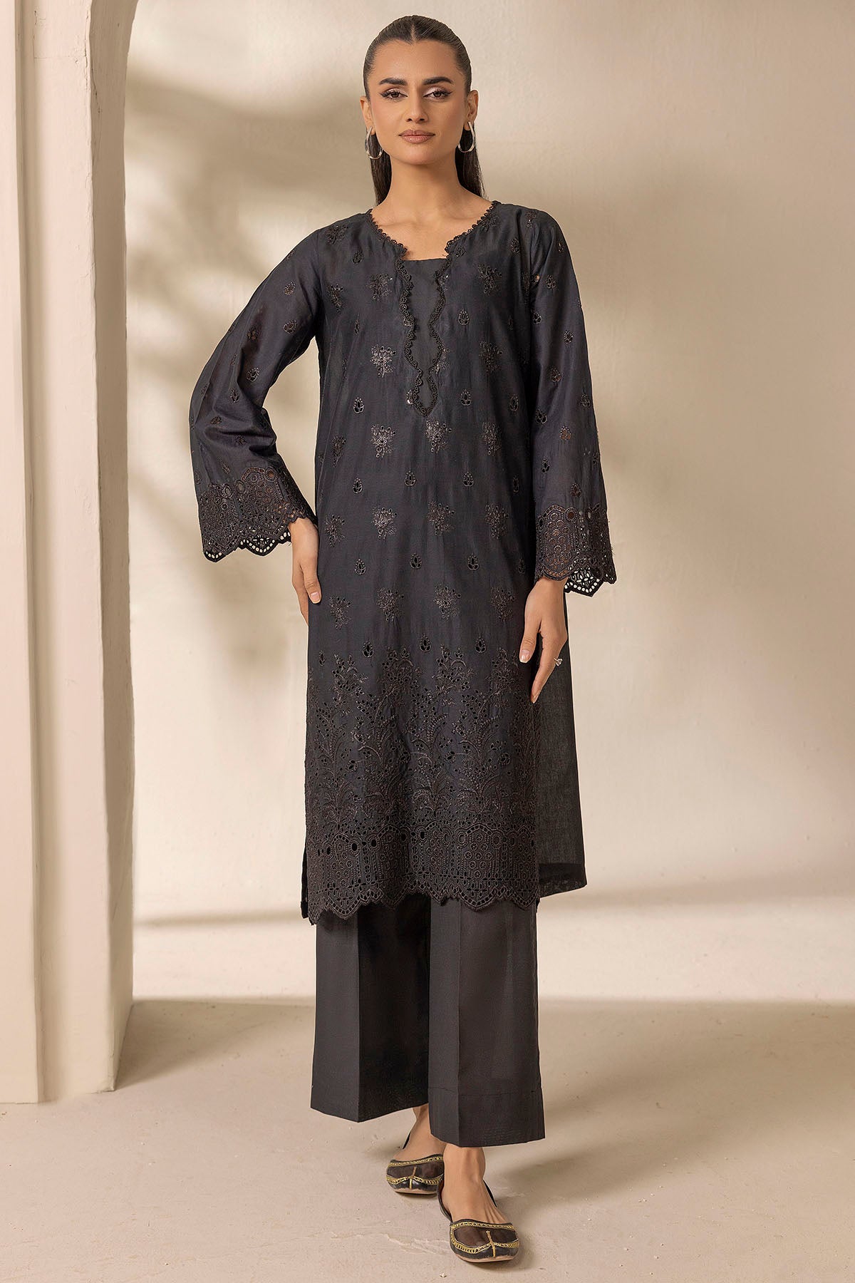 Charcoal Schiffli Embroidered Cambric Lawn Shirt (1-Pc) - Image 1