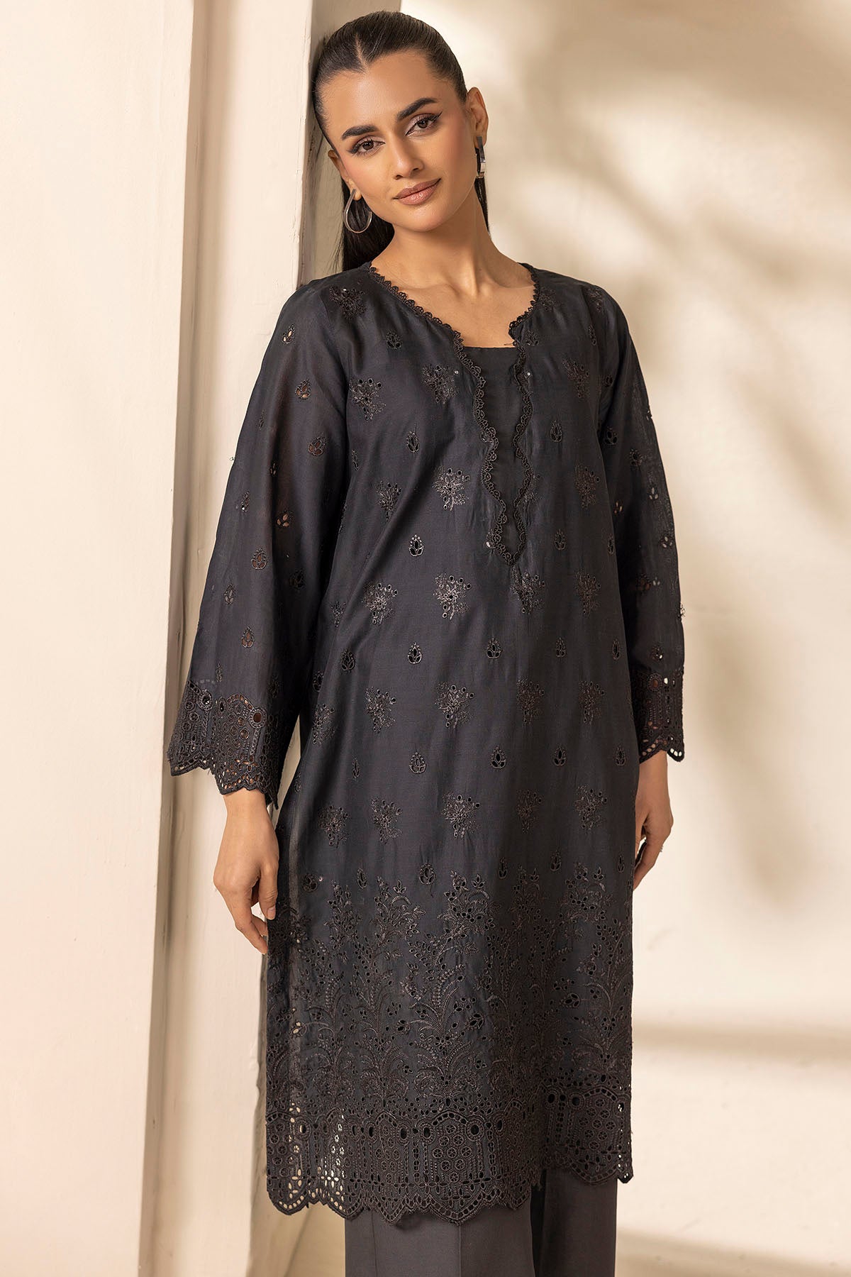 Charcoal Schiffli Embroidered Cambric Lawn Shirt (1-Pc) - Image 2