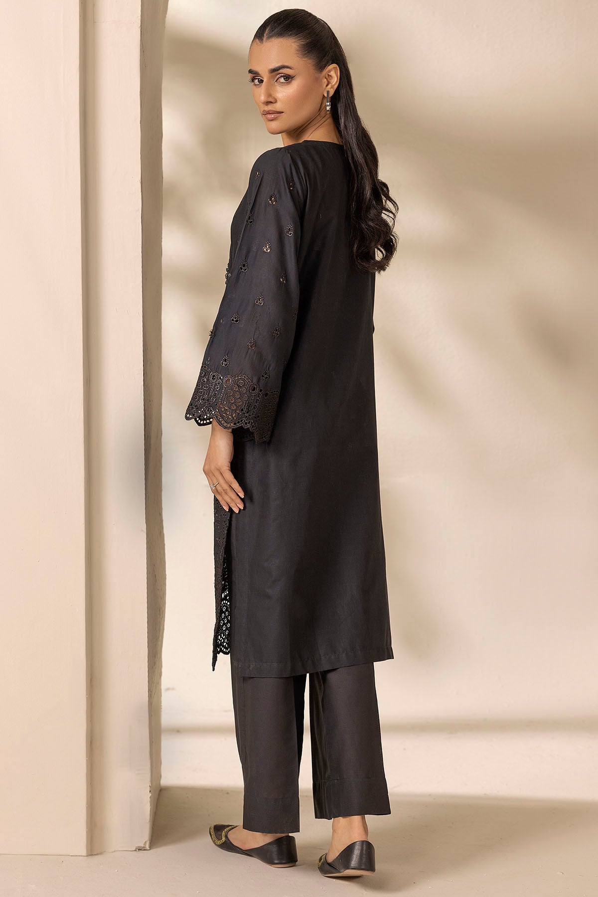 Charcoal Schiffli Embroidered Cambric Lawn Shirt (1-Pc) - Image 3