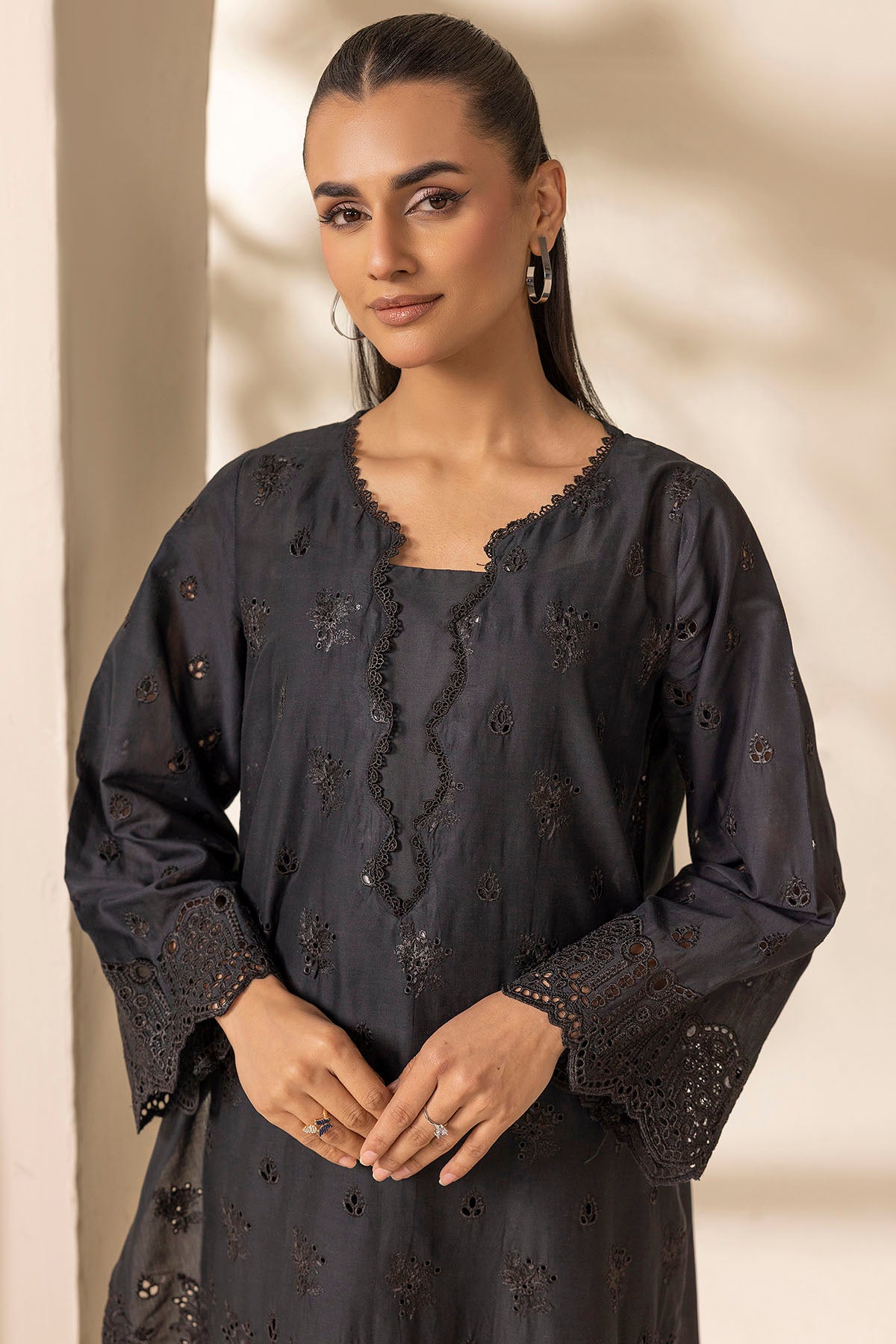 Charcoal Schiffli Embroidered Cambric Lawn Shirt (1-Pc) - Image 4