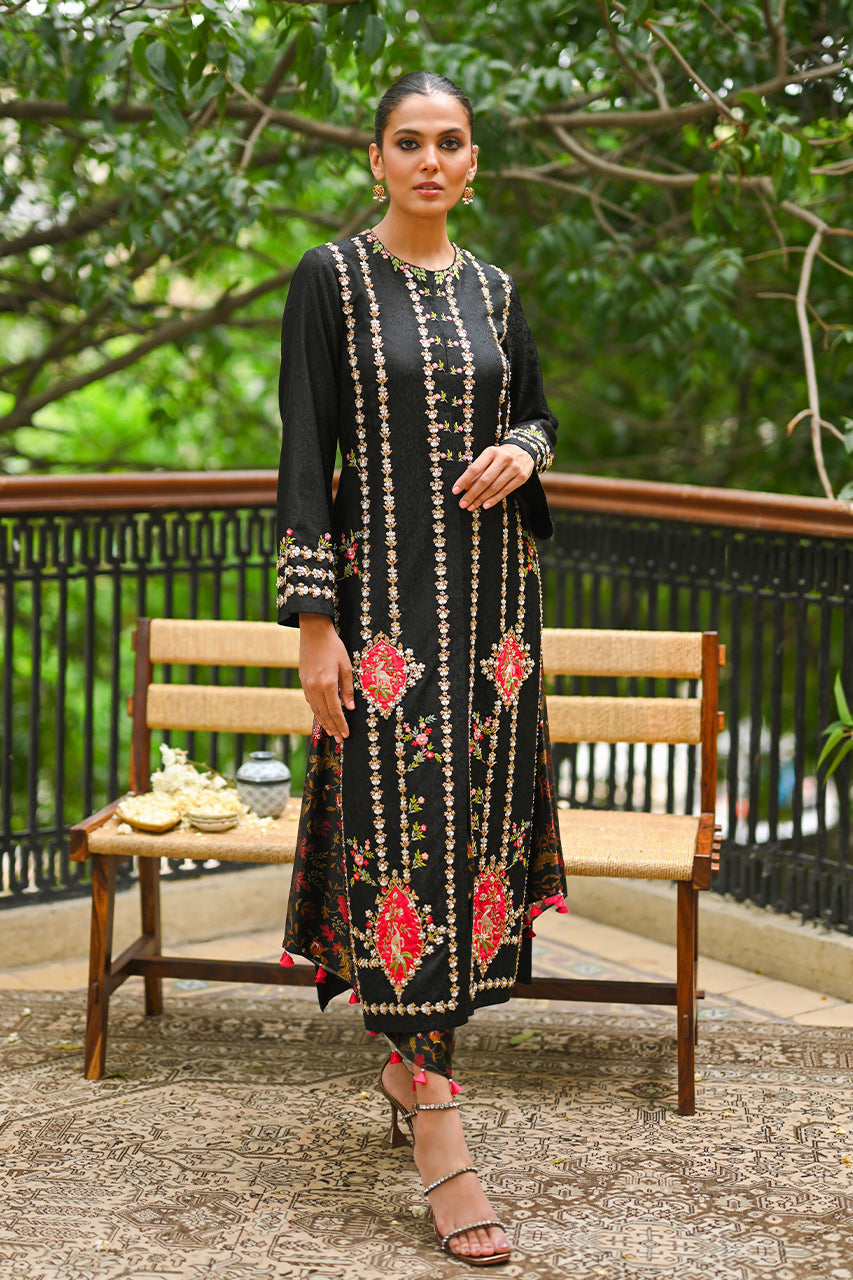 Charcoal Hand-Aari Embroidered Jamawar Kurta (2-Piece) - Image 1