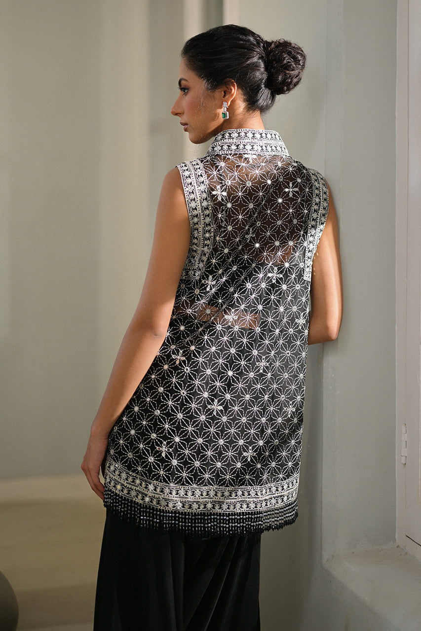 Pakistani Charcoal Handworked Organza Jacket Set (3-Piece) - Image 2
