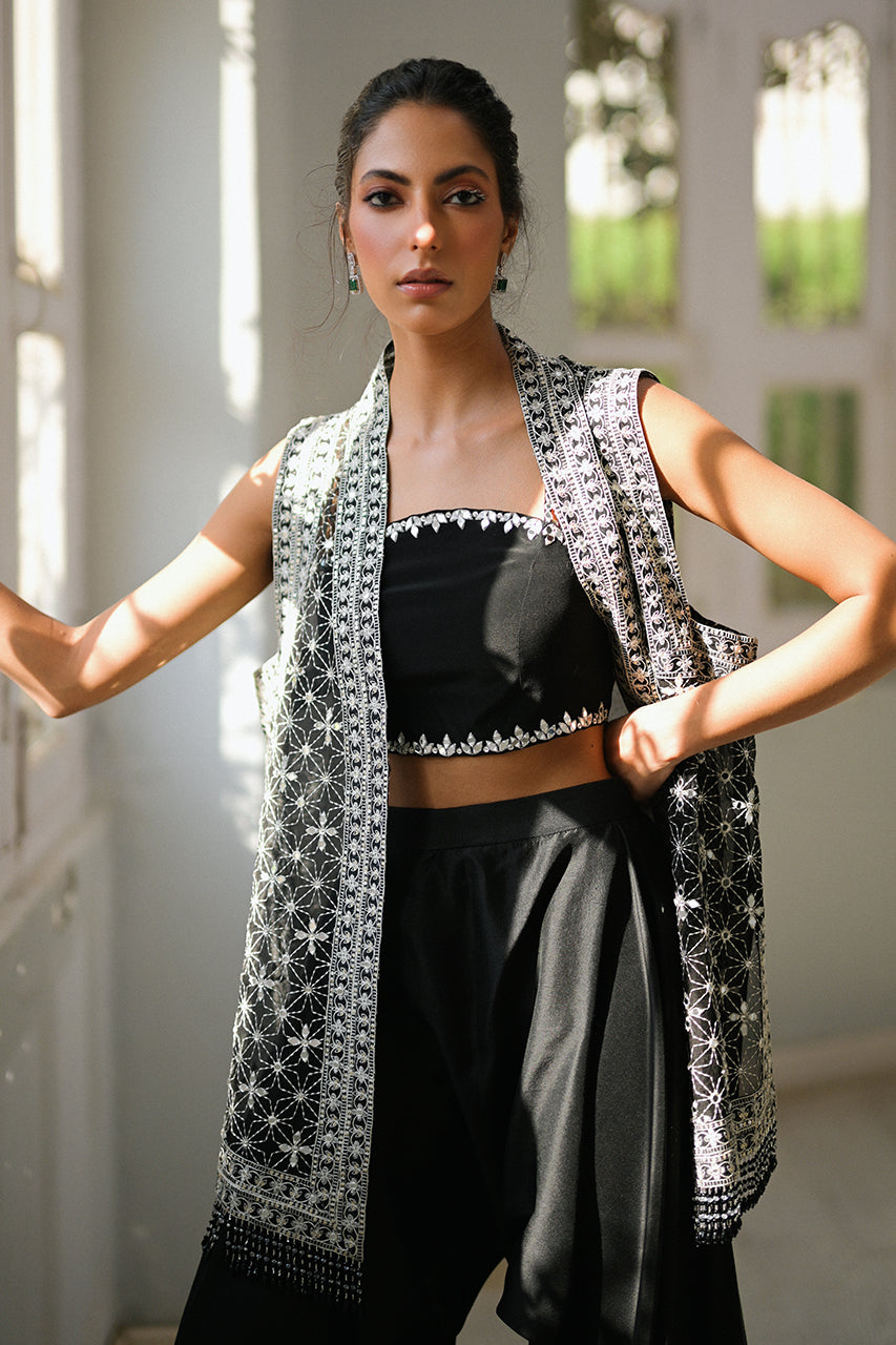 Pakistani Charcoal Handworked Organza Jacket Set (3-Piece) - Image 6