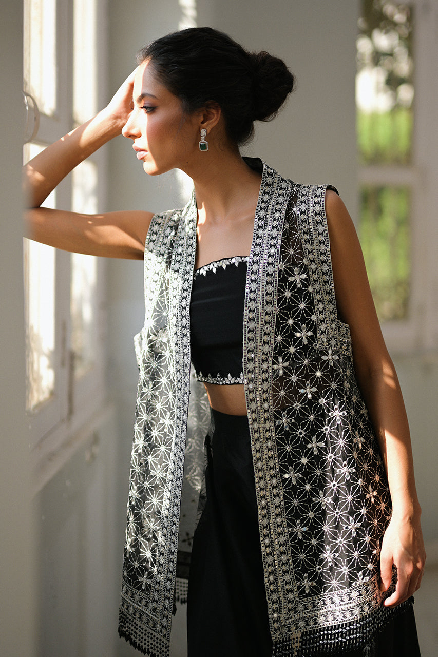 Pakistani Charcoal Handworked Organza Jacket Set (3-Piece) - Image 7