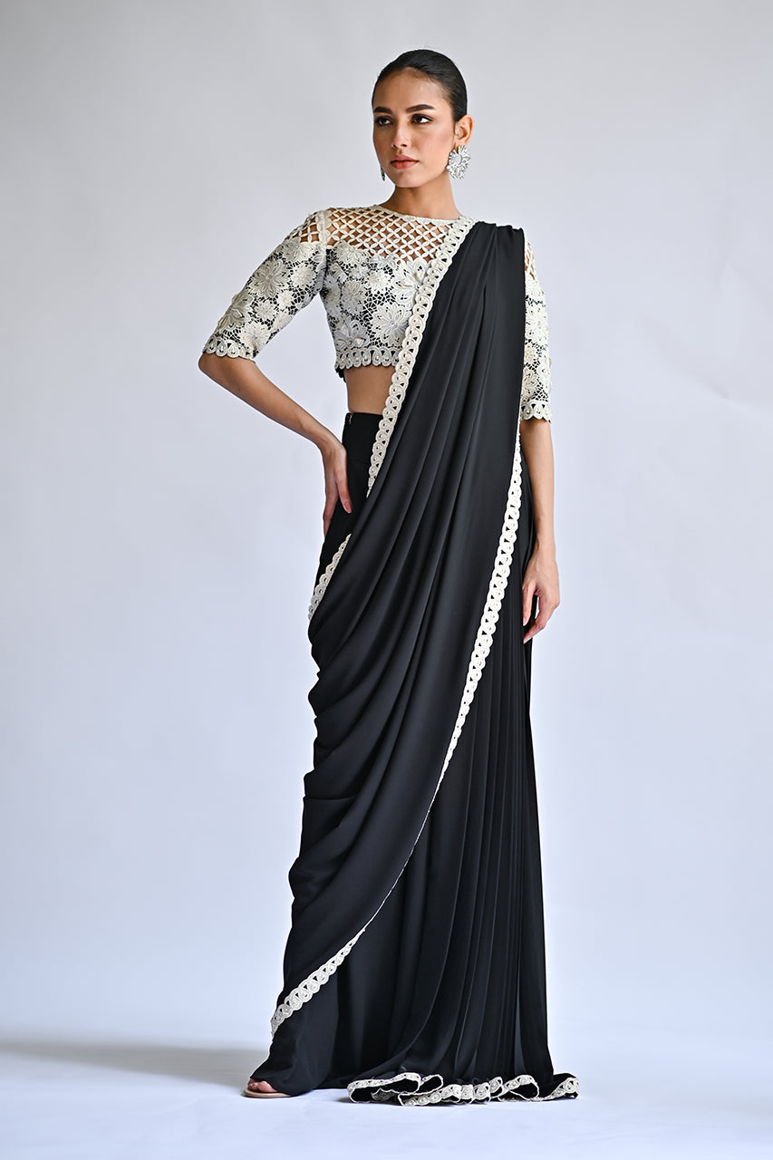 Charcoal Cutwork Crepe Pant-Sari with Khaddi Silk Blouse (2-Piece) - Image 1