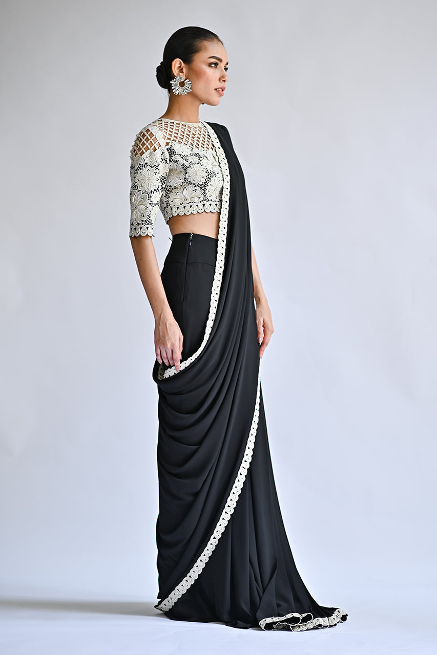 Charcoal Cutwork Crepe Pant-Sari with Khaddi Silk Blouse (2-Piece) - Image 2