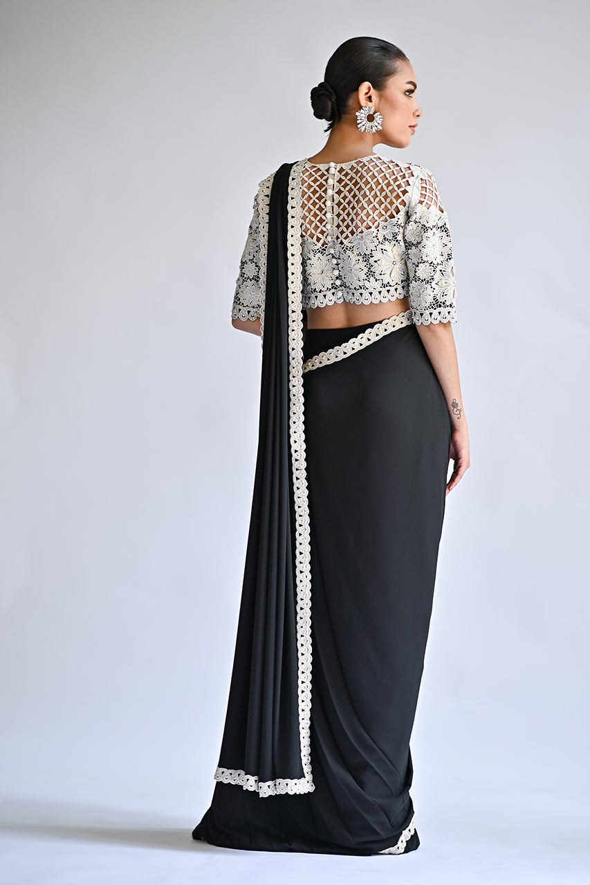 Charcoal Cutwork Crepe Pant-Sari with Khaddi Silk Blouse (2-Piece) - Image 3