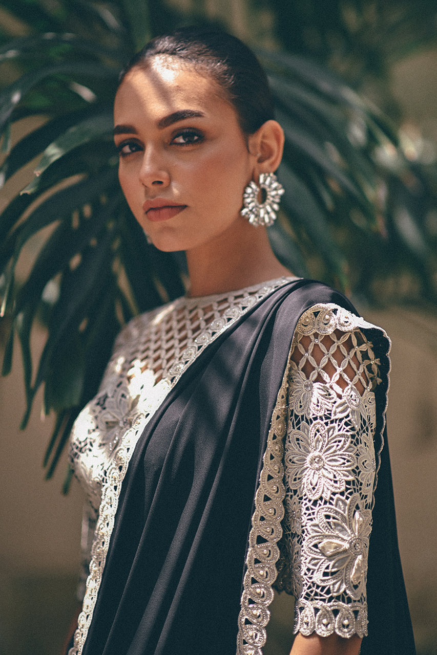 Charcoal Cutwork Crepe Pant-Sari with Khaddi Silk Blouse (2-Piece) - Image 4