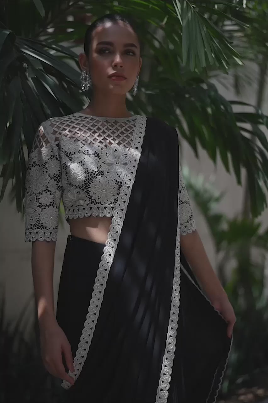 Charcoal Cutwork Crepe Pant-Sari with Khaddi Silk Blouse (2-Piece) - Image 5