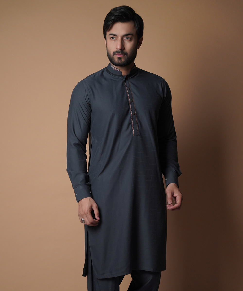 Charcoal Contrast-Topstitched IronEZ Cotton Shalwar Kameez (2-Piece) - Image 1