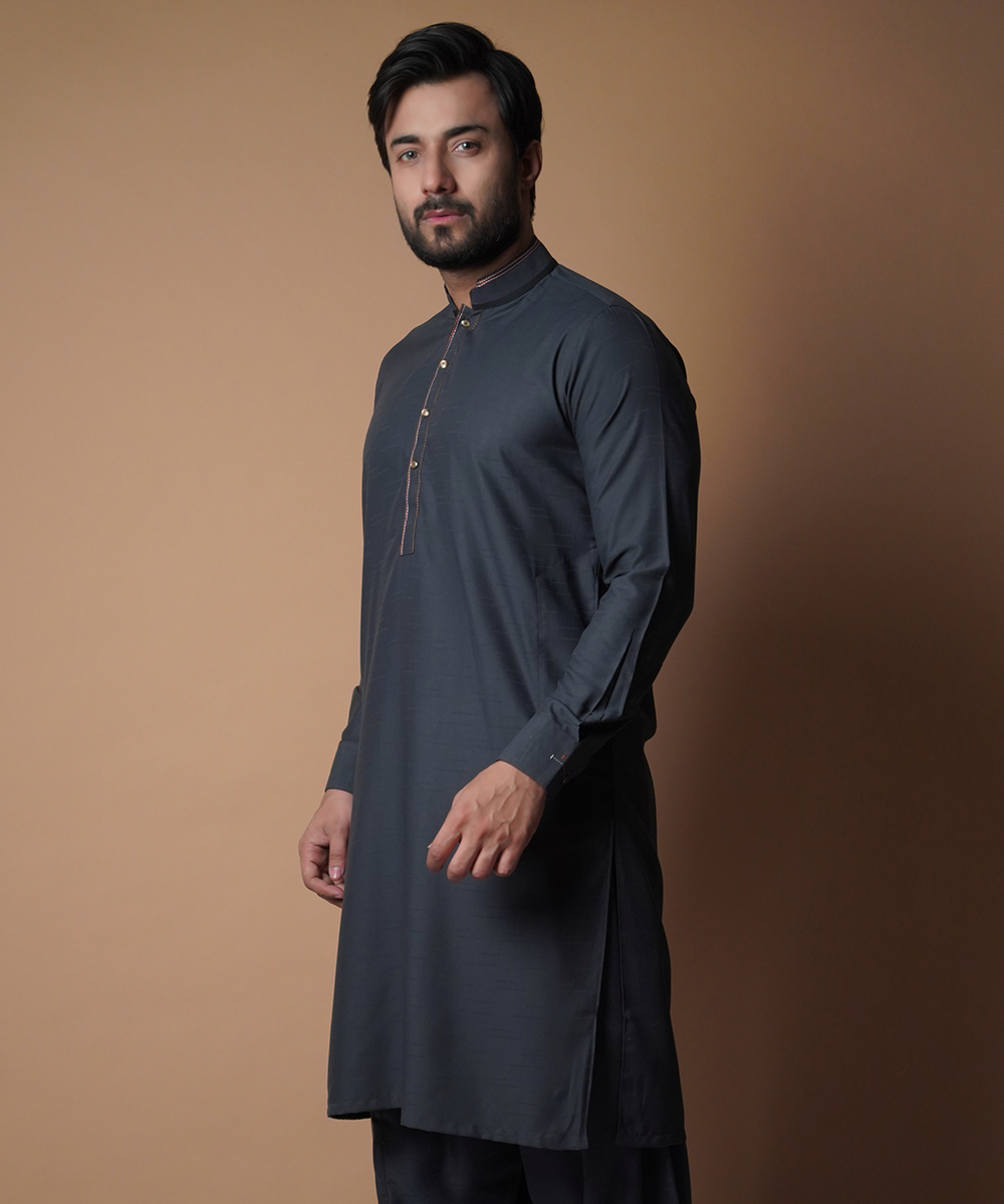 Charcoal Contrast-Topstitched IronEZ Cotton Shalwar Kameez (2-Piece) - Image 2