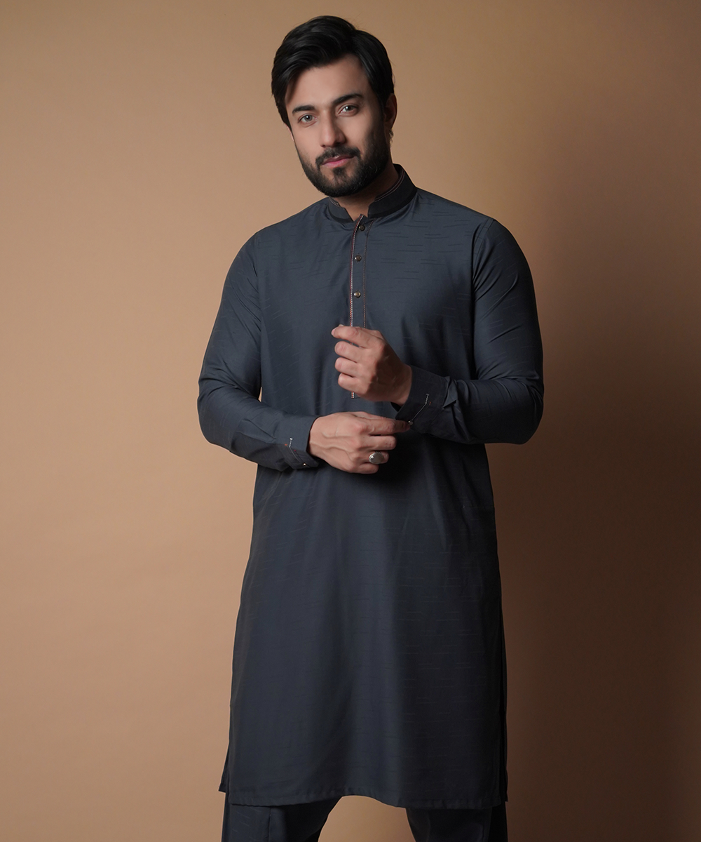 Charcoal Contrast-Topstitched IronEZ Cotton Shalwar Kameez (2-Piece) - Image 3