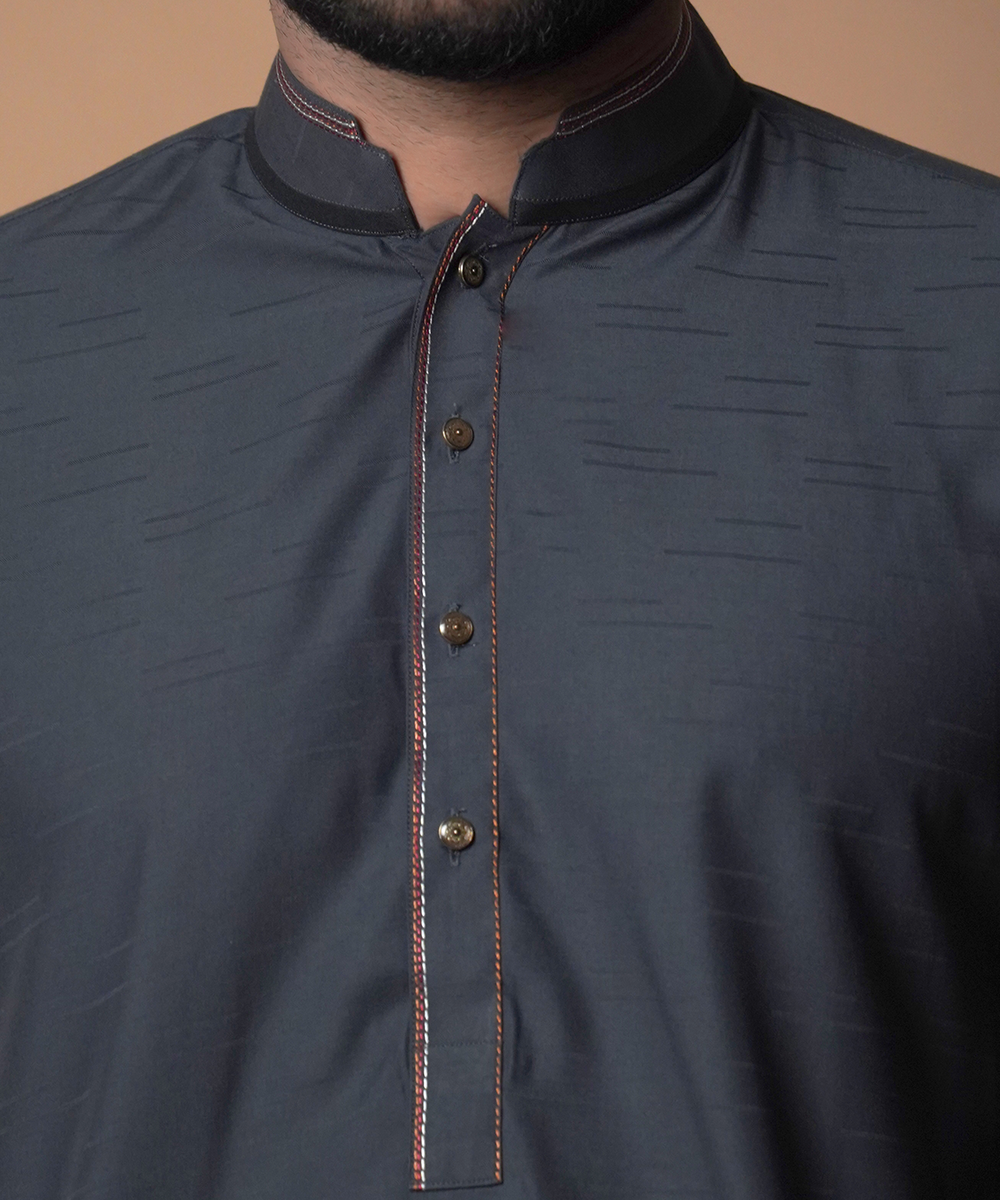 Charcoal Contrast-Topstitched IronEZ Cotton Shalwar Kameez (2-Piece) - Image 4