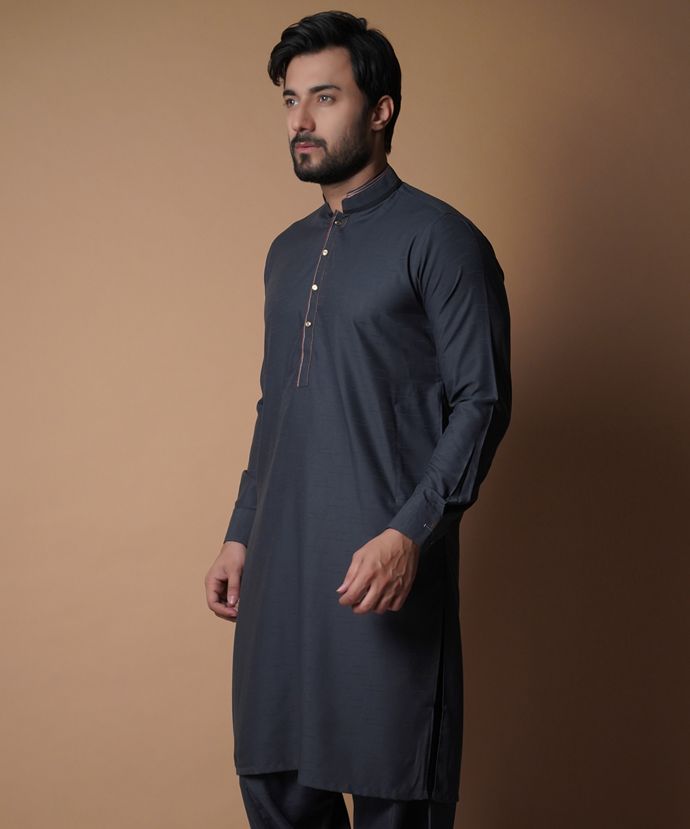 Charcoal Contrast-Topstitched IronEZ Cotton Shalwar Kameez (2-Piece) - Image 5