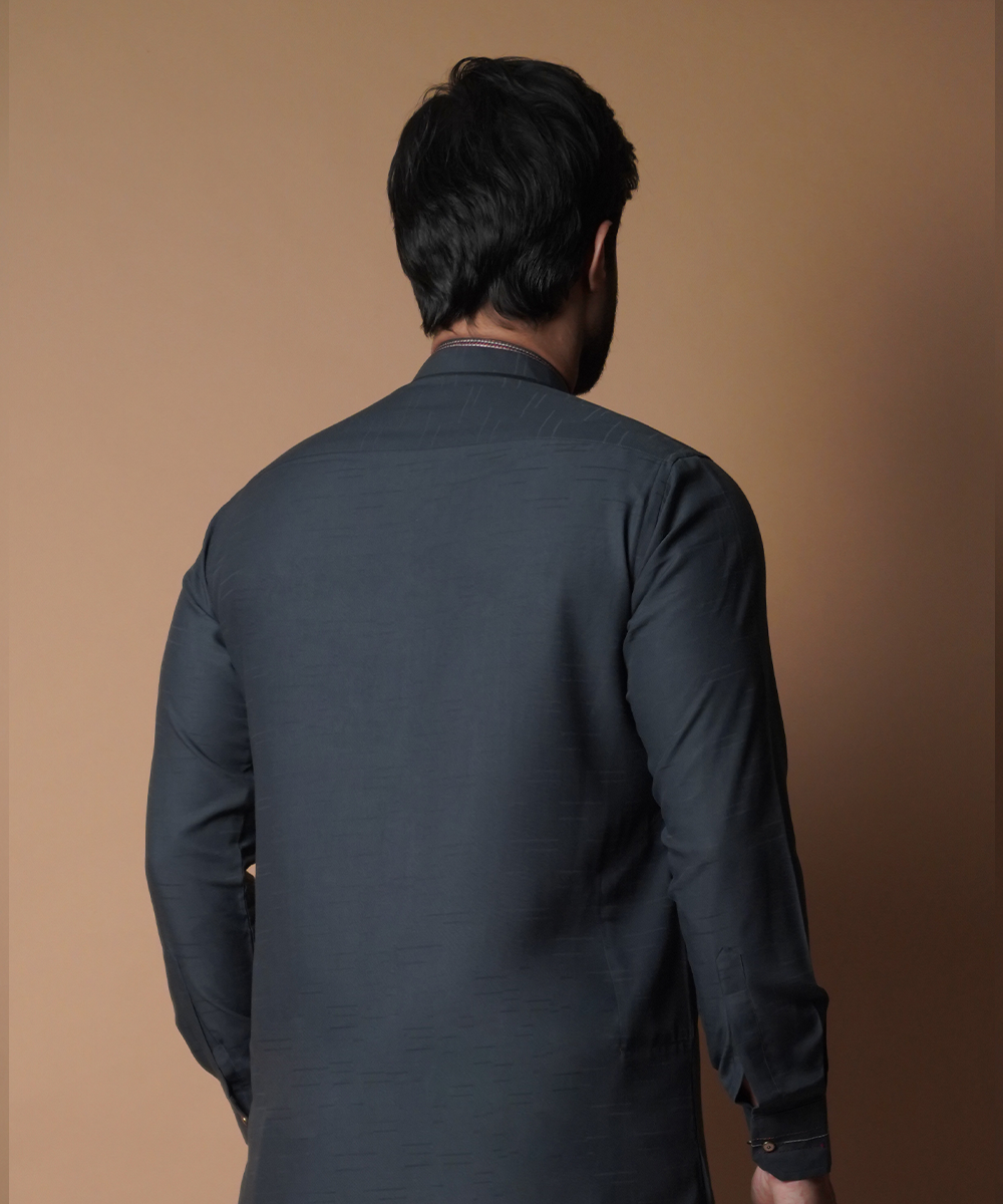 Charcoal Contrast-Topstitched IronEZ Cotton Shalwar Kameez (2-Piece) - Image 6