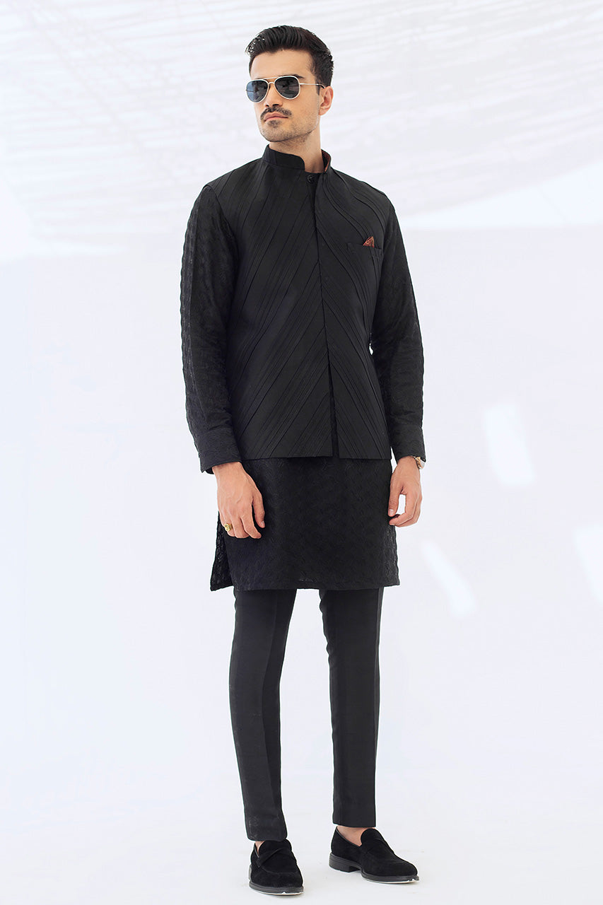 Charcoal Embroidered Raw Silk Waistcoat Kurta (3-Piece) - Image 1